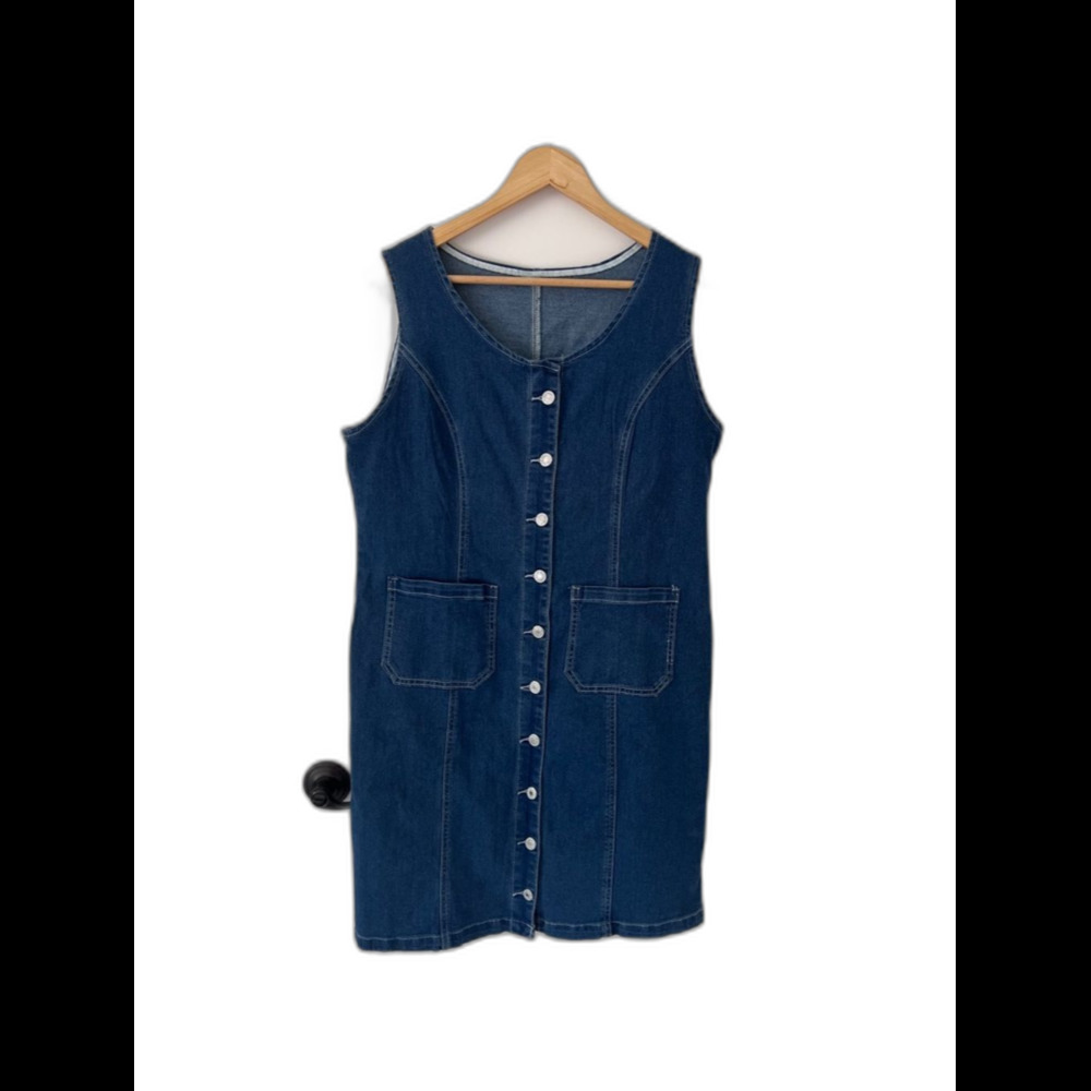 Denim Dress Sleeveless Stretchy Crewneck Vintage Style Button Down with Pocket L